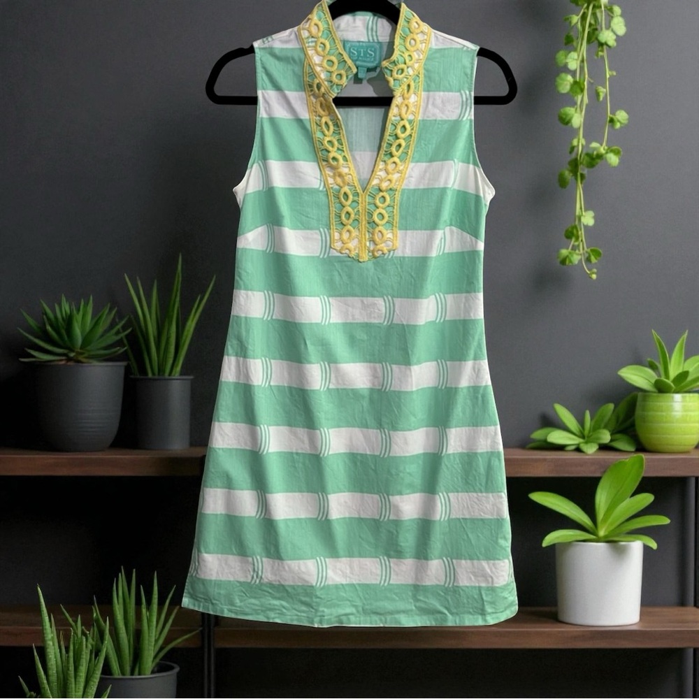 Sail to Sable Mint and White Striped Dress with Yellow Accents Women's Size S